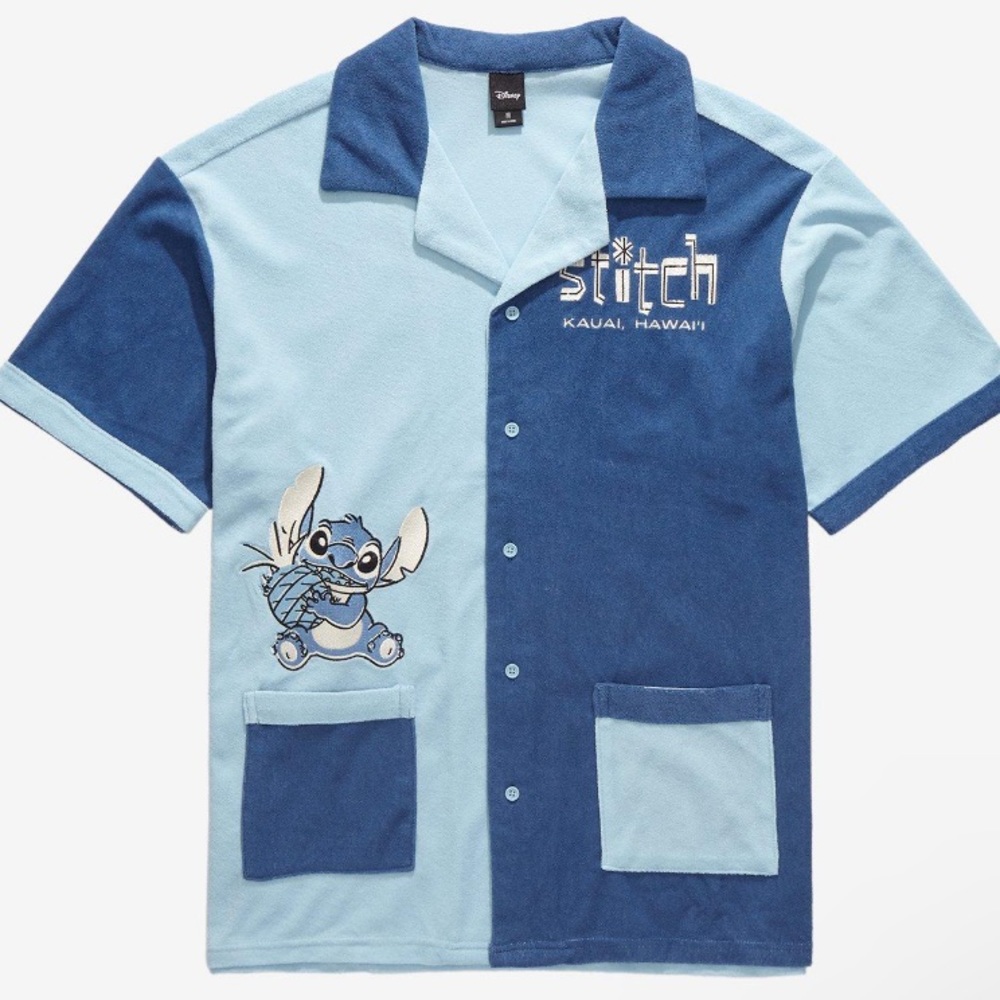Disney Lilo‎ & Stitch Kauai Hawaii Color Blocked Terry Cloth Button-Up